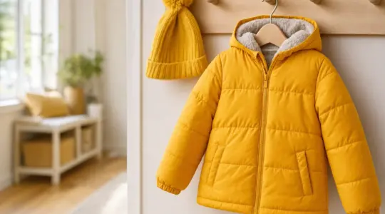 Eine warme, wetterfeste Kinderjacke in fröhlicher Farbe hängt ordentlich an einer Garderobe in einem hellen Flur