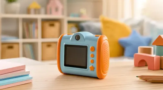 Kompakte robuste Kinder-Digitalkamera aus Kunststoff mit griffigen Seiten und kleinem Display auf einem hellen Holztisch