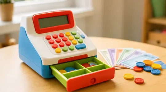 Eine bunte Spielzeug-Registrierkasse aus Kunststoff für Kinder mit Tasten und kleiner Geldlade neben buntem Spielgeld auf einem hellen Holztisch