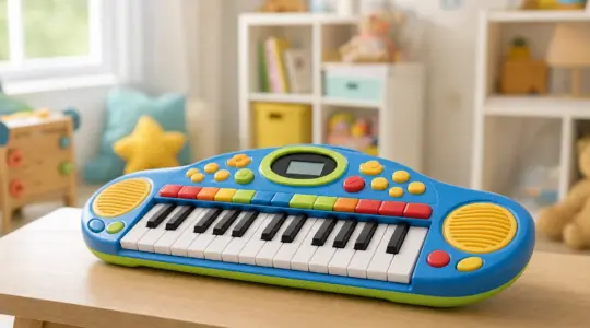 Buntes Kinder-Keyboard mit kleinen Tasten und farbigen Knöpfen auf einem hellen Holztisch im Kinderzimmer