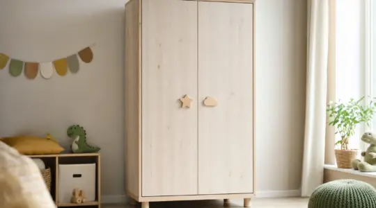 Heller Kinder-Kleiderschrank aus Holz mit zwei Türen und kindgerechten Griffen an einer hellen Wand im Kinderzimmer