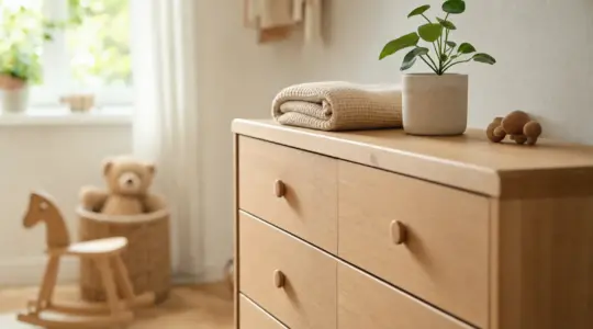 Eine helle Kinderkommode aus Holz mit mehreren Schubladen und runden Holzgriffen, dekoriert mit einer kleinen Pflanze und einer gefalteten Decke in einem freundlichen Kinderzimmer