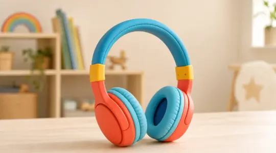 Bunter Over-Ear-Kinderkopfhörer mit gepolstertem Bügel auf einem hellen Holztisch im Kinderzimmer