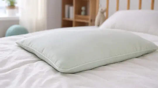 Ein flaches weiches Kinderkopfkissen mit hellem Bezug in zartem Pastellton ordentlich auf einer frisch bezogenen Bettdecke in einem hellen Kinderzimmer