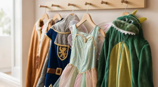 Mehrere bunte Kinder-Kostüme wie Ritter, Fee und Tier auf Holzbügeln an einer Kindergarderobe vor heller Wand