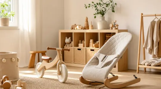 Verschiedene Babyprodukte wie eine Wippe und ein Laufrad stehen ordentlich in einem hellen, freundlichen Raum