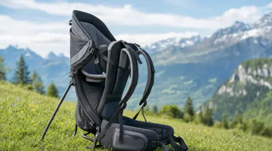 Eine stabile Kinderkraxe als Rückentrage mit gepolstertem Sitz und Tragegestell steht aufgestellt auf einer sonnigen Wiese