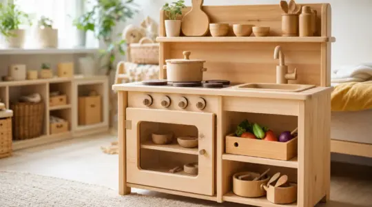 Hölzerne Kinder-Spielküche aus hellem Holz mit Herd, Backofen und Spüle in einem hellen Kinderzimmer
