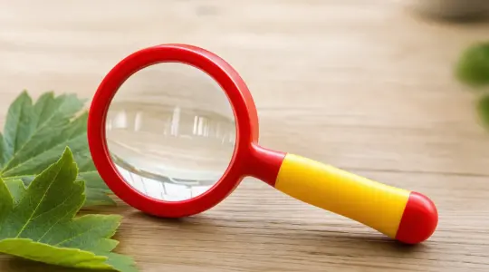 Kindgerechte Handlupe mit dickem rundem Glas und buntem Griff in Rot und Gelb auf einem hellen Holztisch neben Blättern