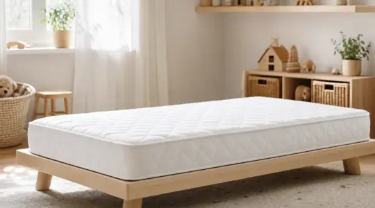 Eine helle Kindermatratze mit weißem Bezug auf einem niedrigen Holzbettgestell in einem freundlichen, hellen Kinderzimmer