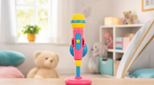 Ein buntes Kinder-Spielmikrofon in fröhlichen Farben auf einem kleinen Standfuß in einer hellen Spielecke eines freundlichen Kinderzimmers