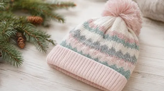 Eine gestrickte Kinder-Wintermütze mit Bommel in zarten Farben dekorativ auf einem hellen Holztisch neben Tannenzweigen in gemütlicher Winterstimmung