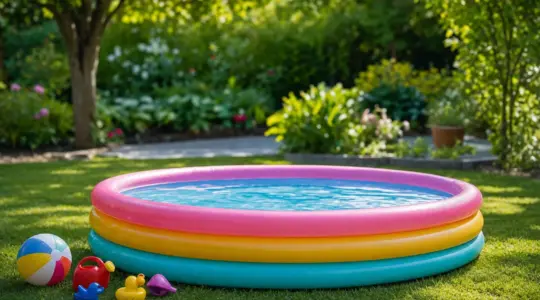 Ein runder aufblasbarer Kinderpool in fröhlichen Farben gefüllt mit klarem Wasser auf einem gepflegten Rasen in einem sonnigen Garten mit bunten Wasserspielzeugen