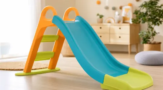 Bunte Kinderrutsche aus Kunststoff mit kurzer Leiter und Rutschbahn in einem hellen Kinderzimmer