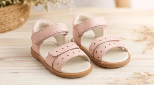 Ein Paar süße Kinder-Sandalen aus weichem Leder in zartem Pastellton mit Klettverschluss, ordentlich nebeneinander auf einem hellen Holztisch