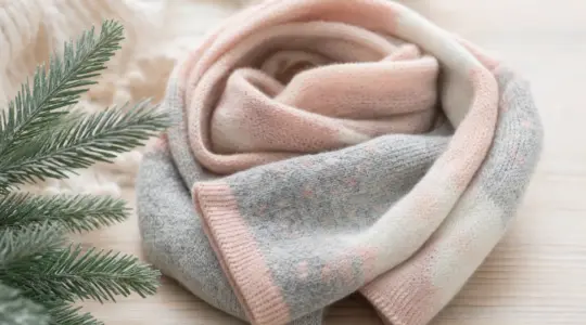 Ein weicher gestrickter Kinderschal in zarten Farben locker aufgerollt auf einem hellen Holztisch neben einem Tannenzweig in gemütlicher Winterstimmung