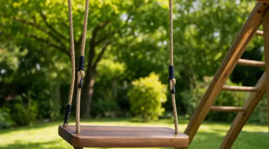 Robuste Kinderschaukel mit Holzsitz und Seilen an einem Schaukelgestell in einem sonnigen Garten