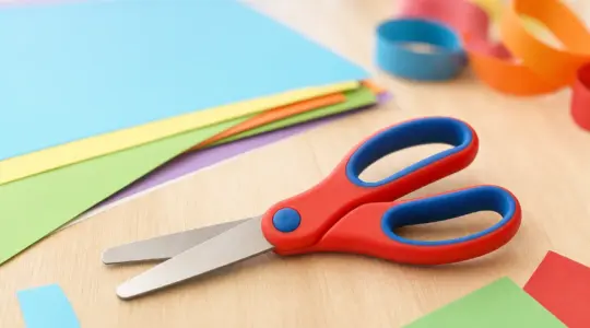Kindgerechte Bastelschere mit abgerundeten Spitzen und bunten Kunststoffgriffen in Rot und Blau auf einem hellen Holztisch
