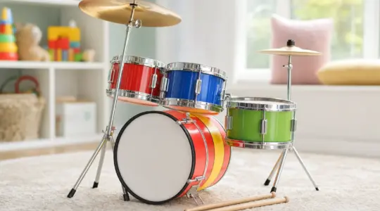 Ein farbenfrohes Kinderschlagzeug-Set aus mehreren kleinen Trommeln und Becken mit zwei Holz-Drumsticks in einer hellen Spielecke eines freundlichen Kinderzimmers