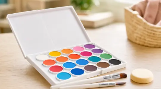 Eine geöffnete Kinderschminke-Palette mit vielen bunten Farbtöpfchen und ein paar weichen Pinseln und einem Schwämmchen ordentlich angeordnet auf einem hellen Holztisch