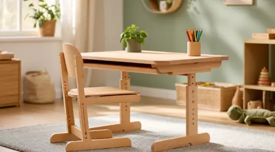 Ein höhenverstellbarer Kinderschreibtisch aus hellem Holz mit passendem Stuhl, dekoriert mit einem Becher Buntstifte und einer kleinen Pflanze in einem freundlichen Kinderzimmer