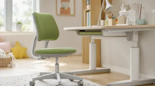 Ein höhenverstellbarer Kinderschreibtischstuhl mit ergonomischer Rückenlehne in fröhlicher Farbe an einem hellen Kinderschreibtisch im Kinderzimmer