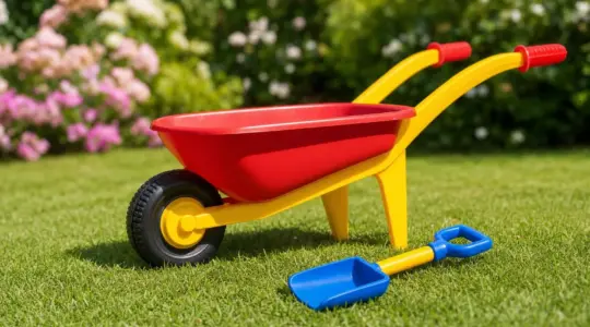 Eine bunte Kinderschubkarre aus robustem Kunststoff in fröhlichen Farben auf einem Rasen in einem sonnigen Garten neben einer kleinen Gartenschaufel