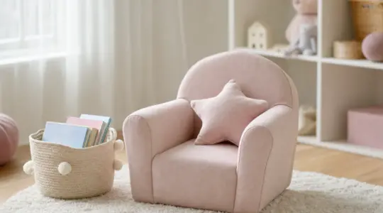 Ein kleiner gemütlicher Kindersessel aus weichem Stoff in zartem Pastellton mit kleinem Kissen in einer hellen Leseecke neben einem Körbchen mit Büchern