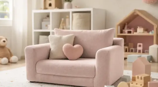 Ein kleines weiches Kindersofa aus Stoff in zartem Pastellton mit gemütlichen Kissen in einer hellen Spielecke eines freundlichen Kinderzimmers