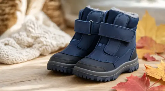 Ein Paar warme, robuste Kinderstiefel mit profilierter Sohle steht ordentlich nebeneinander auf einem hellen Holzboden