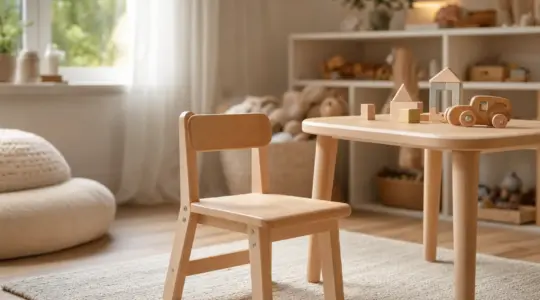 Ein kleiner gemütlicher Kinderstuhl aus hellem Holz mit Rückenlehne in einer hellen Spielecke neben einem passenden kleinen Tisch