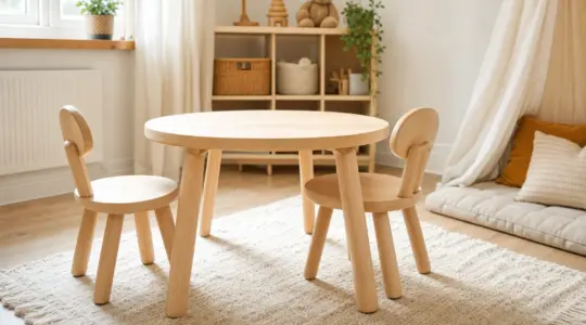 Ein kleiner Kindertisch mit zwei Stühlen aus hellem Holz im Kinderzimmer