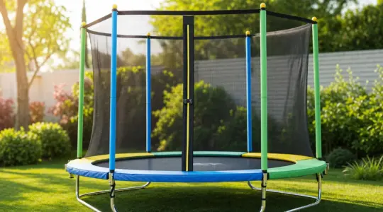 Rundes Kinder-Trampolin mit Sicherheitsnetz und gepolstertem Rand auf einer Rasenfläche in einem sonnigen Garten