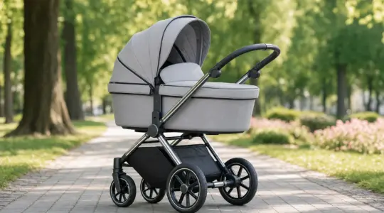 Moderner Kombi-Kinderwagen mit hellgrauem Bezug, verchromtem Gestell und großen Rädern auf einem gepflasterten Weg im Park