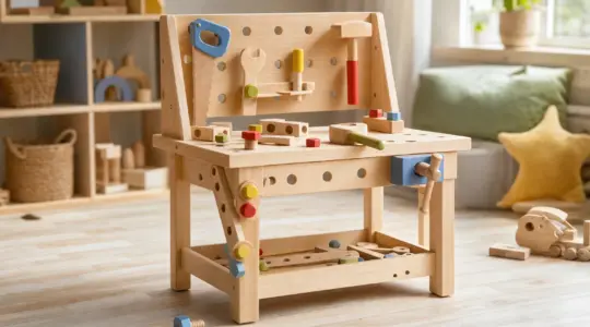 Hölzerne Kinder-Werkbank aus Naturholz mit Spielzeug-Werkzeugen wie Hammer, Säge und Schraubstock in einem hellen Kinderzimmer