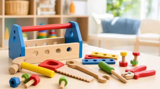 Ein buntes Kinderwerkzeug-Set aus Kunststoff und Holz mit Spielzeug-Hammer, Säge, Schraubenzieher, Zange und Schrauben ordentlich angeordnet auf einem hellen Holztisch