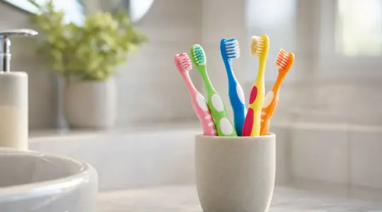 Mehrere bunte Kinderzahnbürsten mit kleinen Köpfen und dicken, gut greifbaren Griffen in einem schlichten Becher auf einem hellen Waschtisch