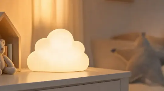Niedliche Kinderzimmer-Tischlampe in Form einer weißen Wolke mit warmem Licht auf einer hellen Kommode im Kinderzimmer