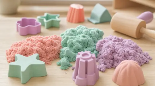 Formbarer kinetischer Sand in zarten Pastelltönen teils zu kleinen Formen gepresst, daneben bunte Sandförmchen und ein kleiner Roller auf einem hellen Holztisch