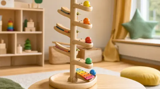Ein Klangbaum aus Holz mit bunten Kugeln steht auf einem Tisch