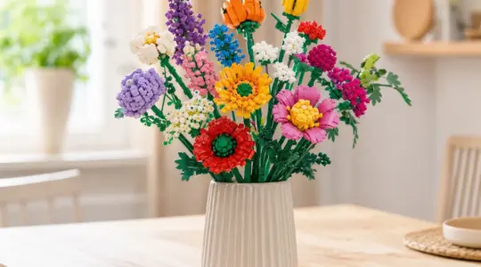 Bunte aus Klemmbausteinen gebaute Blumen in einer kleinen Vase stehen auf einem hellen Tisch bereit