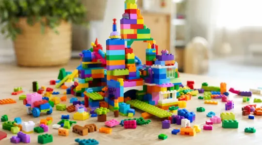 Bunte Klemmbausteine in vielen Farben, teils lose und teils zu einem fantasievollen Gebilde zusammengesteckt, auf einem hellen Holztisch