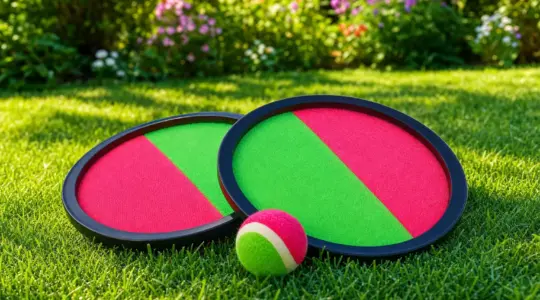 Ein buntes Klettball-Set mit zwei Fangscheiben und Ball auf einer Wiese