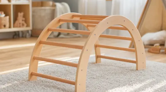 Ein Holz-Kletterbogen (Pikler-Bogen) aus hellem Holz mit runden Sprossen in einer hellen Spielecke eines Kinderzimmers auf einem weichen Teppich
