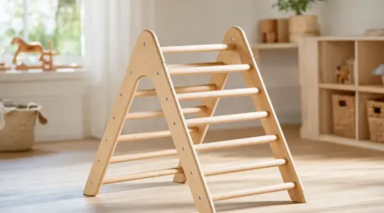 Hölzernes Kletterdreieck für Kleinkinder aus hellem Naturholz mit Sprossen zum Klettern in einem hellen Kinderzimmer