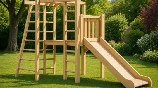 Ein stabiles Klettergerüst aus Holz mit Sprossen und Plattform steht in einem grünen Garten bei Sonnenschein