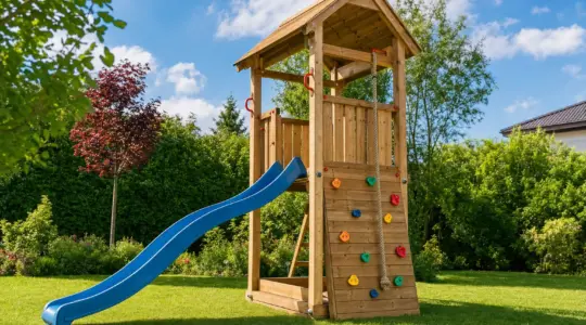 Ein hölzerner Kletterturm mit Rutsche steht auf einer Rasenfläche im Garten