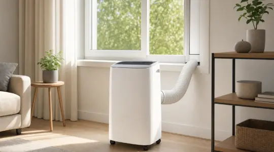 Ein mobiles Klimagerät steht in einem hellen Wohnraum am Fenster