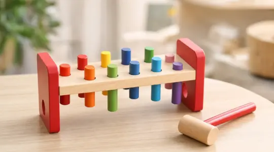 Bunte Holz-Klopfbank für Kinder mit farbigen Holzstiften zum Durchklopfen und einem Holzhammer auf einem hellen Holztisch