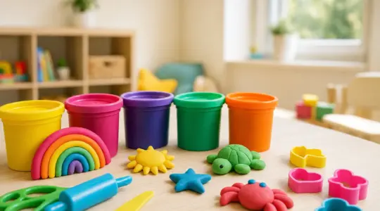 Bunte Kinder-Knetmasse in offenen Töpfchen mit Knetwerkzeugen und geformten Figuren auf einem hellen Holztisch im Kinderzimmer